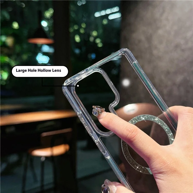 Funda para Samsung Galaxy S25 Ultra Compatible con MagSafe - Anillo Purpurina TPU + Carcasa Transparente de Acrílico con Protección Antigolpes - Plata