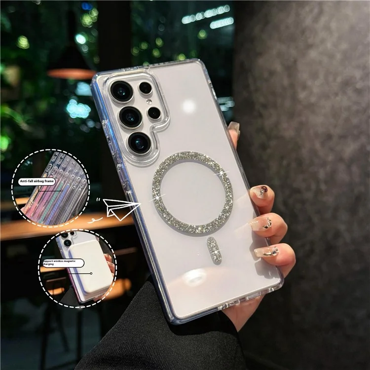 Funda para Samsung Galaxy S25 Ultra Compatible con MagSafe - Anillo Purpurina TPU + Carcasa Transparente de Acrílico con Protección Antigolpes - Plata