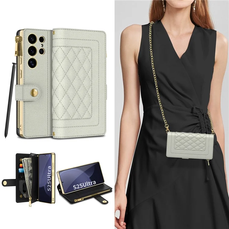 GKK For Samsung Galaxy S25 Ultra Case Rhombus Pattern Leather Phone Cover with Zippered Wallet, Shoulder Strap - Grey