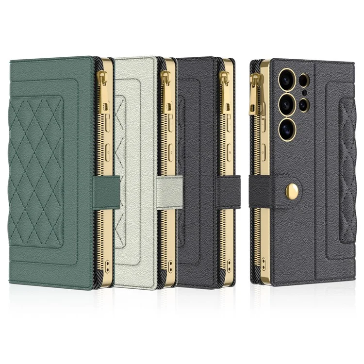 GKK For Samsung Galaxy S25 Ultra Case Rhombus Pattern Leather Phone Cover with Zippered Wallet, Shoulder Strap - Grey