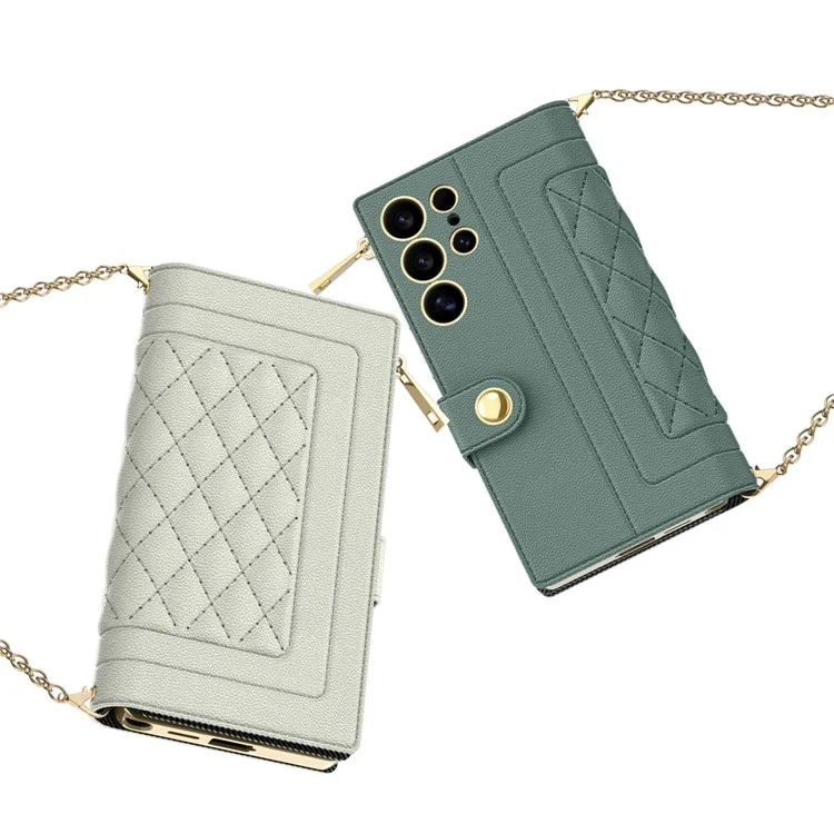 GKK For Samsung Galaxy S25 Ultra Case Rhombus Pattern Leather Phone Cover with Zippered Wallet, Shoulder Strap - Grey