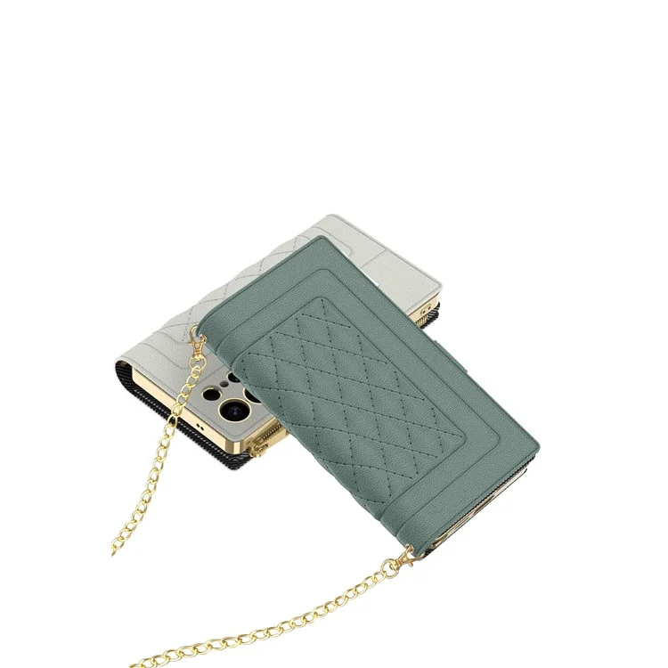 GKK For Samsung Galaxy S25 Ultra Case Rhombus Pattern Leather Phone Cover with Zippered Wallet, Shoulder Strap - Grey