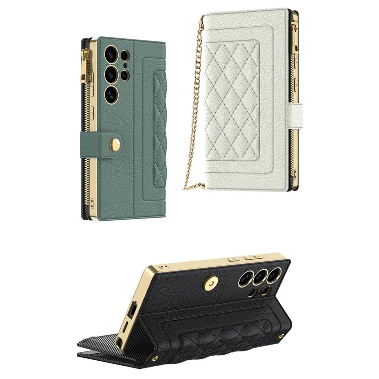 GKK For Samsung Galaxy S25 Ultra Case Rhombus Pattern Leather Phone Cover with Zippered Wallet, Shoulder Strap - Grey