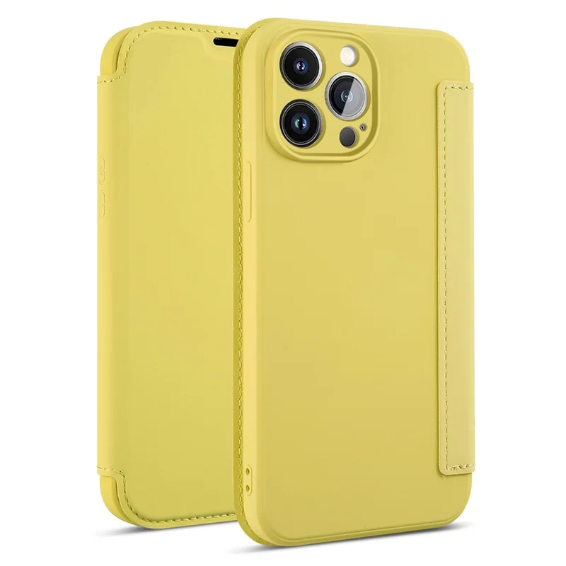 For iPhone 14 Pro Skin-touch Liquid Silicone Protective Case Card Holder Kickstand Phone Shockproof Cover - Yellow