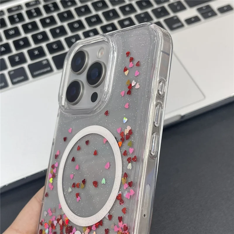 MOBEST For iPhone 15 Pro Magnetic Case Heart Shape Glitter Design TPU + PC Phone Cover