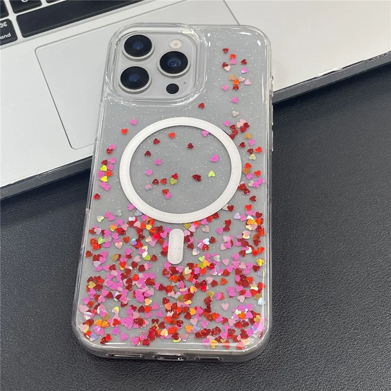 MOBEST For iPhone 15 Pro Magnetic Case Heart Shape Glitter Design TPU + PC Phone Cover