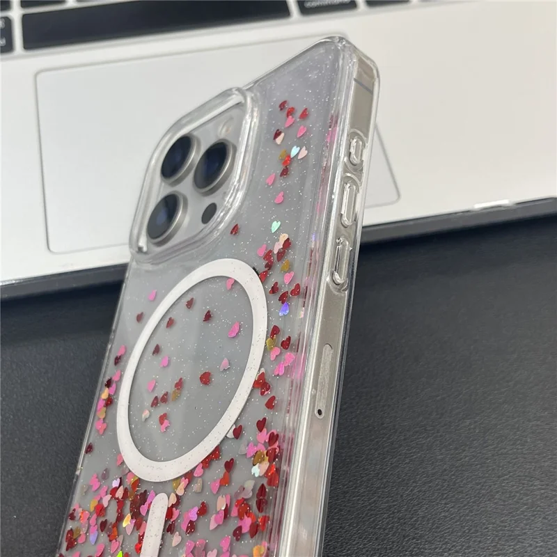 MOBEST For iPhone 15 Pro Magnetic Case Heart Shape Glitter Design TPU + PC Phone Cover