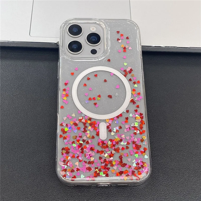 MOBEST For iPhone 15 Pro Magnetic Case Heart Shape Glitter Design TPU + PC Phone Cover