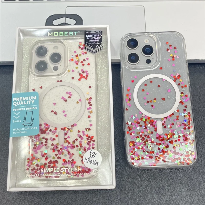 MOBEST For iPhone 15 Pro Magnetic Case Heart Shape Glitter Design TPU + PC Phone Cover