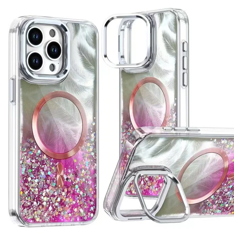 MOBEST For iPhone 15 Pro Magnetic Case Lens Frame Kickstand Epoxy Design TPU + PC Phone Back Cover - Purple