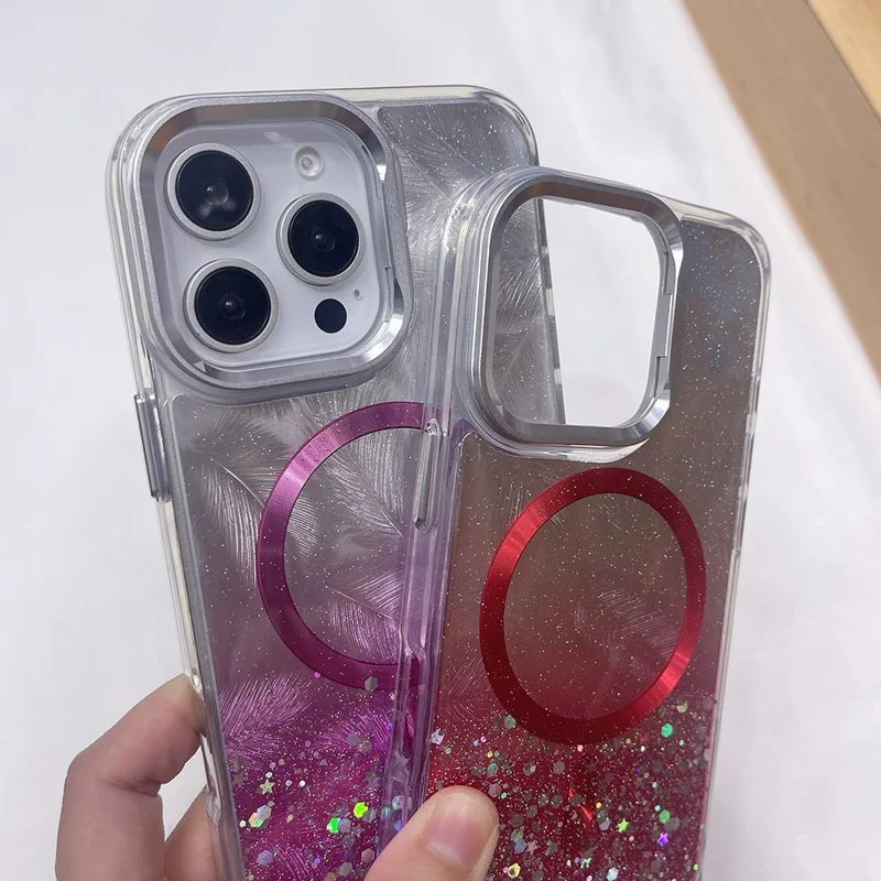 MOBEST For iPhone 15 Pro Magnetic Case Lens Frame Kickstand Epoxy Design TPU + PC Phone Back Cover - Purple