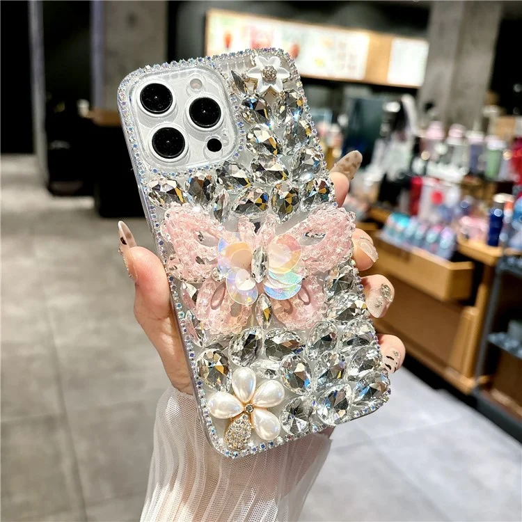 Чехол для iPhone 15 Pro с декором из стразов в форме бабочек, задняя крышка из TPU - Розовый
