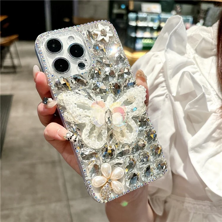 Чехол для iPhone 16 Pro со стразами в форме бабочки из закаленного стекла, мягкий защитный чехол для телефона - Белый