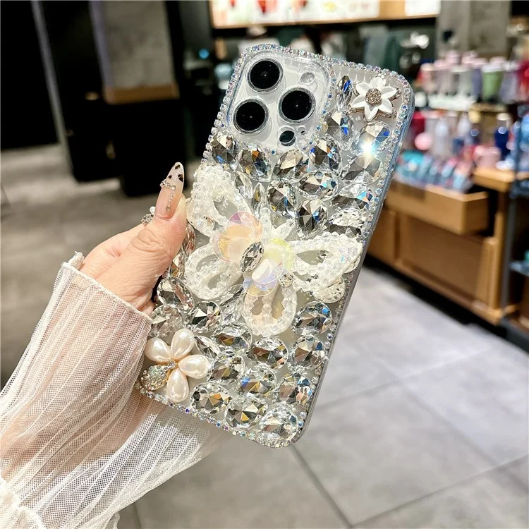 Чехол для iPhone 16 Pro со стразами в форме бабочки из закаленного стекла, мягкий защитный чехол для телефона - Белый