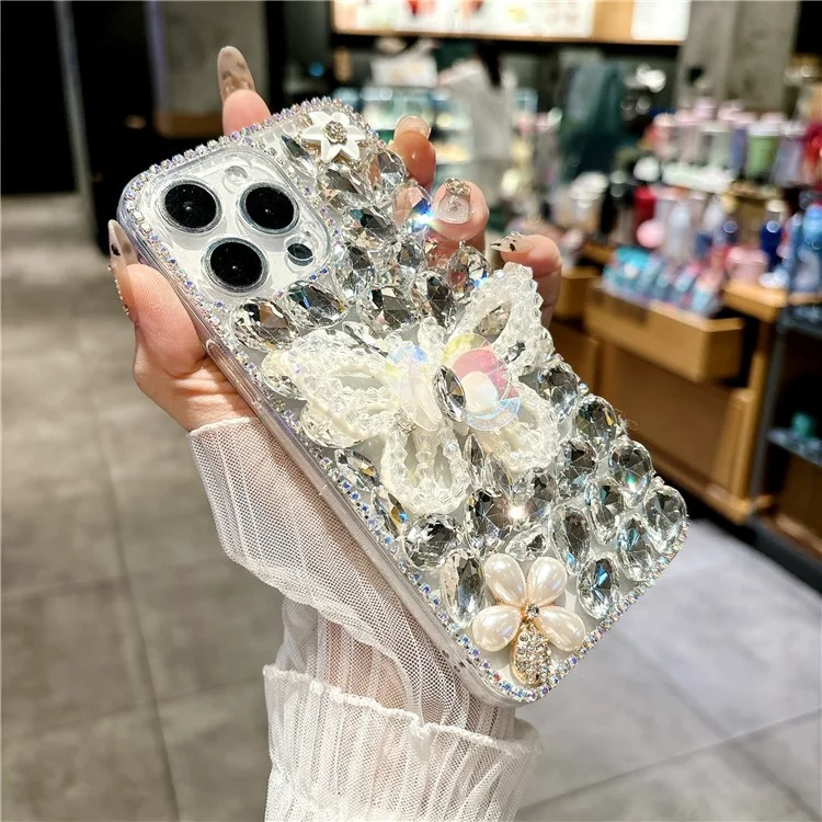 Чехол для iPhone 16 Pro со стразами в форме бабочки из закаленного стекла, мягкий защитный чехол для телефона - Белый
