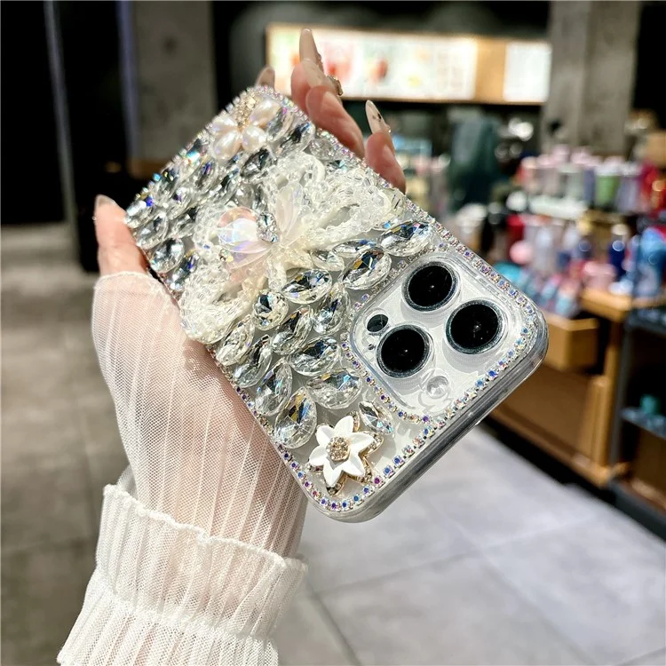 Чехол для iPhone 16 Pro со стразами в форме бабочки из закаленного стекла, мягкий защитный чехол для телефона - Белый
