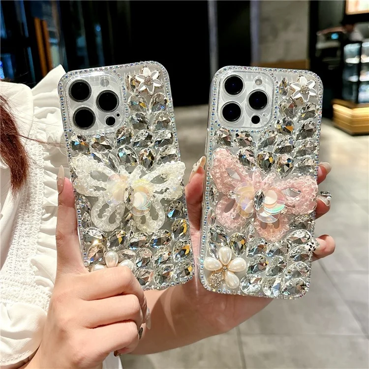 Чехол для iPhone 16 Pro со стразами в форме бабочки из закаленного стекла, мягкий защитный чехол для телефона - Белый