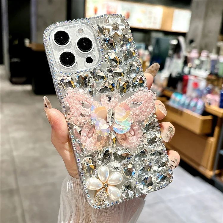 Чехол для iPhone 16 Pro Max со стеклянными стразами с узором "Бабочка" из ТПУ - Розовый