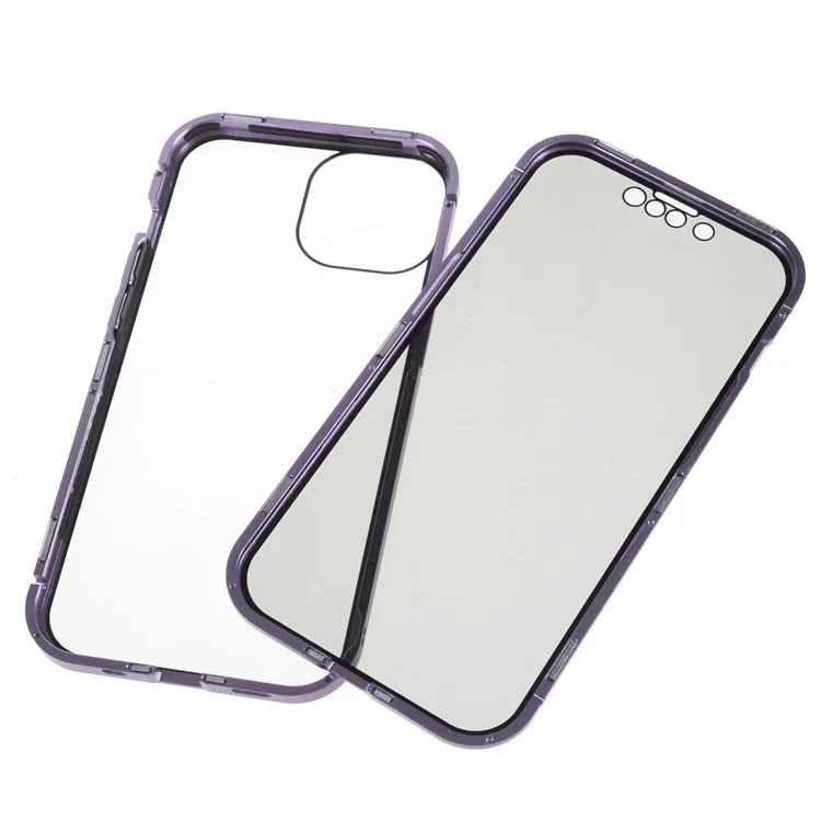 Étui de protection antivol pour iPhone 14 Plus, fermeture magnétique, cadre métallique + verre trempé double face, protection intégrale anti-chute - Violet