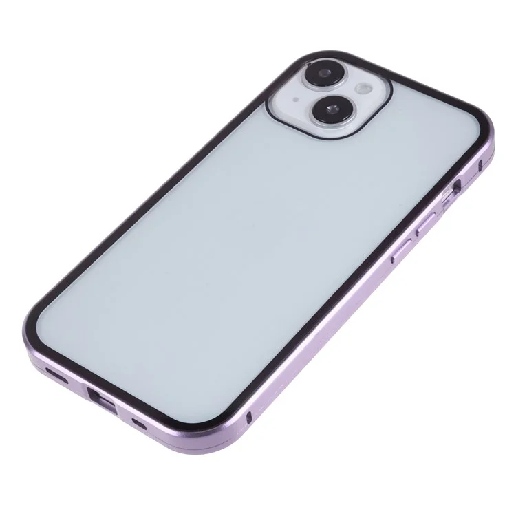 Étui de protection antivol pour iPhone 14 Plus, fermeture magnétique, cadre métallique + verre trempé double face, protection intégrale anti-chute - Violet