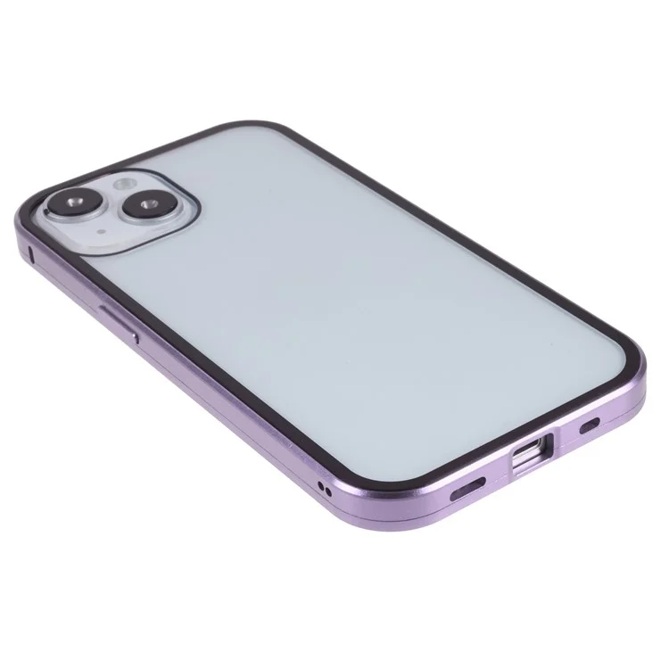Étui de protection antivol pour iPhone 14 Plus, fermeture magnétique, cadre métallique + verre trempé double face, protection intégrale anti-chute - Violet