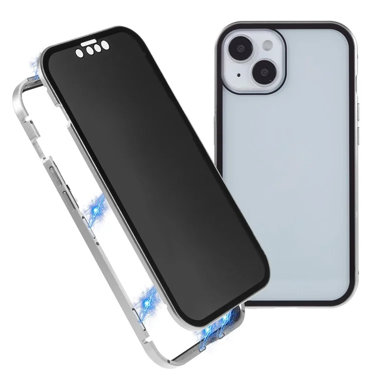 For iPhone 14 Plus Anti-spy Phone Case Magnetic Closure Metal Frame + Double-sided Tempered Glass Full Coverage Drop-proof Cover - Silver