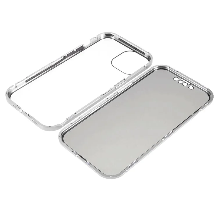 For iPhone 14 Plus Anti-spy Phone Case Magnetic Closure Metal Frame + Double-sided Tempered Glass Full Coverage Drop-proof Cover - Silver
