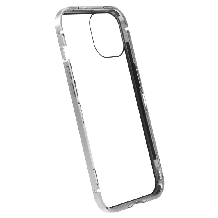 For iPhone 14 Plus Anti-spy Phone Case Magnetic Closure Metal Frame + Double-sided Tempered Glass Full Coverage Drop-proof Cover - Silver