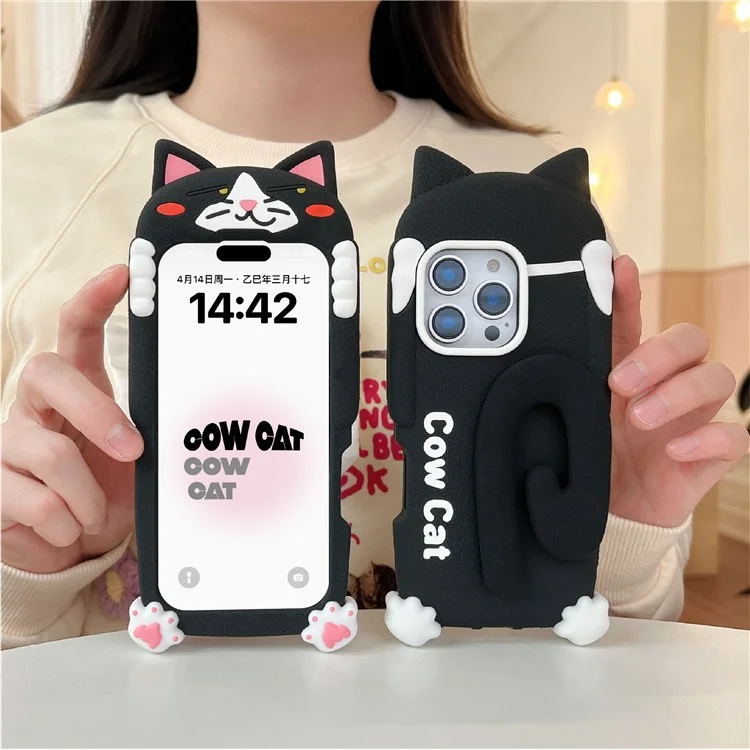 Für iPhone 16 Pro Max Silikon Hülle mit Kuh Katze Schwanz Ständer Stoßfeste Handyrückseite
