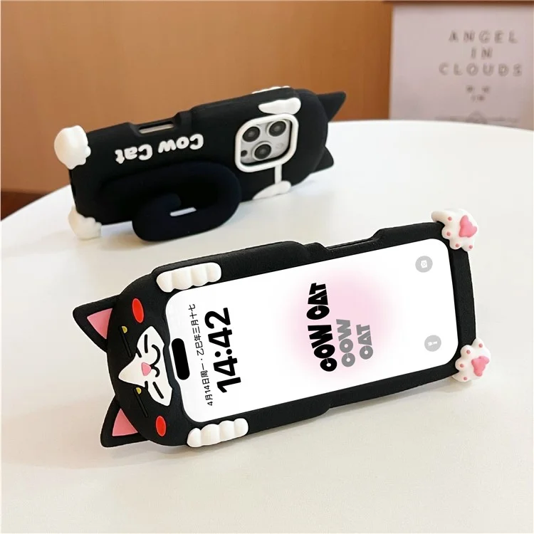 Für iPhone 16 Pro Max Silikon Hülle mit Kuh Katze Schwanz Ständer Stoßfeste Handyrückseite