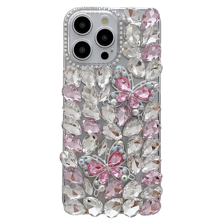 Étui en verre pour iPhone 16 Pro Max avec strass et décor de deux papillons en TPU - Rose