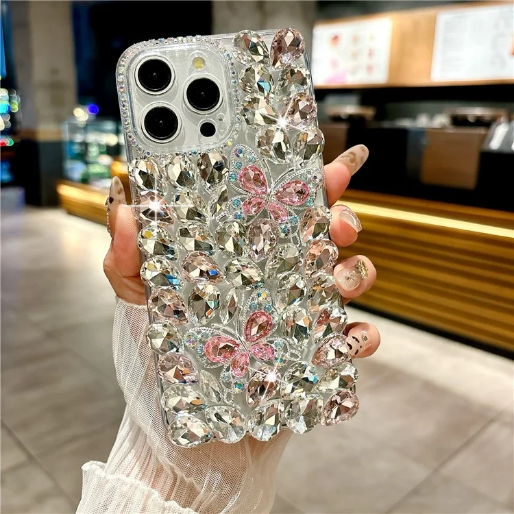Étui en verre pour iPhone 16 Pro Max avec strass et décor de deux papillons en TPU - Rose