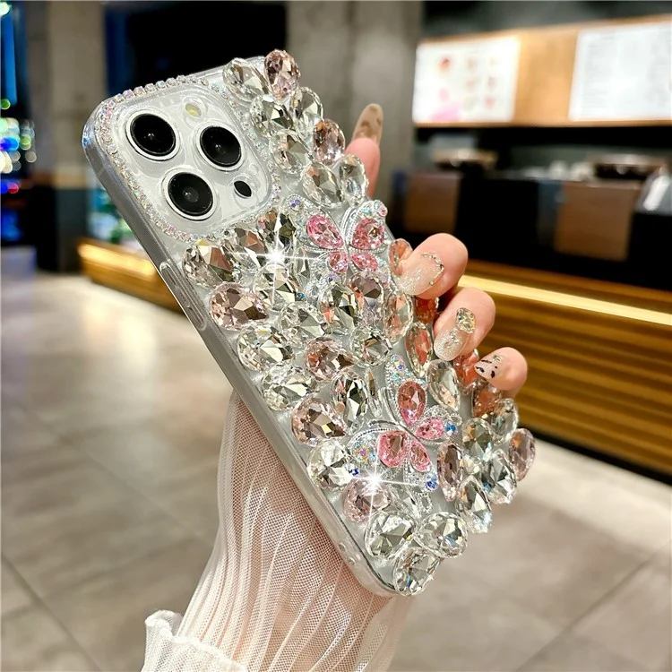 Étui en verre pour iPhone 16 Pro Max avec strass et décor de deux papillons en TPU - Rose