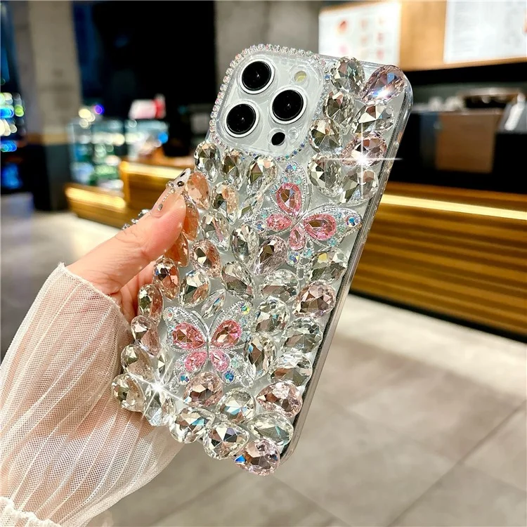 Étui en verre pour iPhone 16 Pro Max avec strass et décor de deux papillons en TPU - Rose