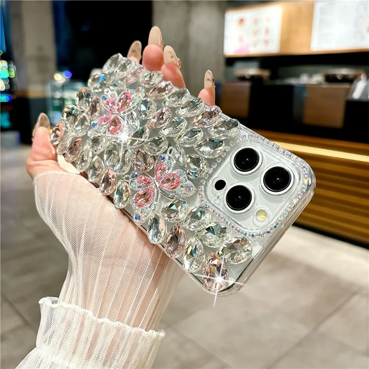 Étui en verre pour iPhone 16 Pro Max avec strass et décor de deux papillons en TPU - Rose