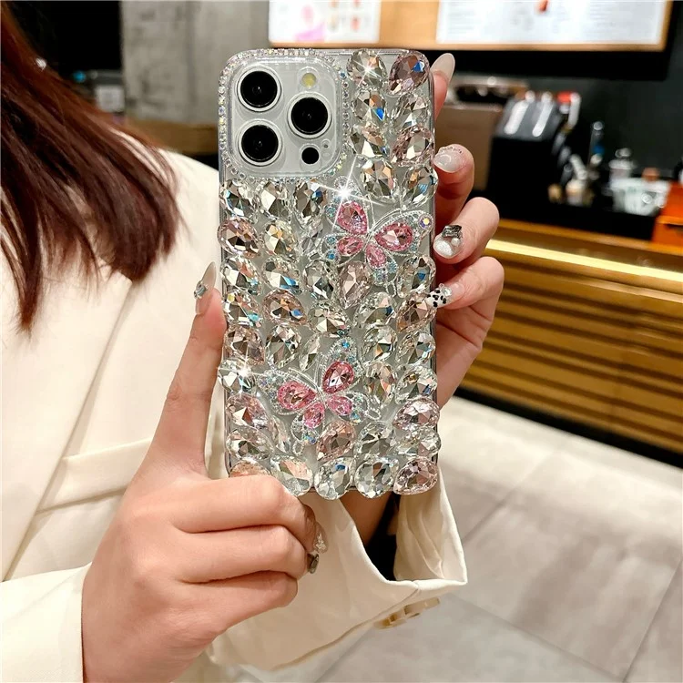 Étui en verre pour iPhone 16 Pro Max avec strass et décor de deux papillons en TPU - Rose