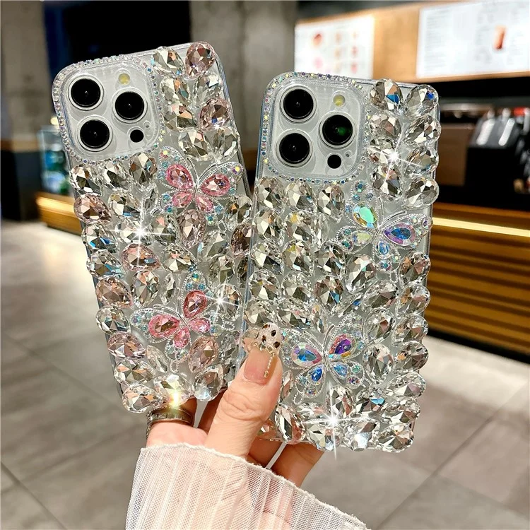 Étui en verre pour iPhone 16 Pro Max avec strass et décor de deux papillons en TPU - Rose
