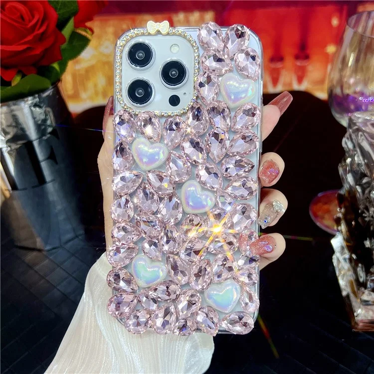 Чехол для iPhone 15 Pro со стеклянными стразами в форме сердца, декоративный TPU чехол для задней крышки телефона