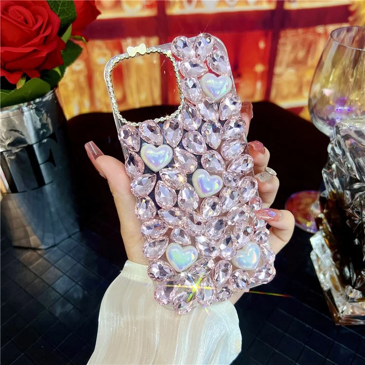 Чехол для iPhone 15 Pro со стеклянными стразами в форме сердца, декоративный TPU чехол для задней крышки телефона