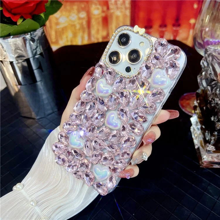 Чехол для iPhone 15 Pro со стеклянными стразами в форме сердца, декоративный TPU чехол для задней крышки телефона