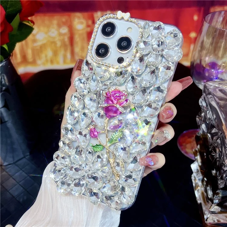 Чехол для iPhone 15 Pro Max со стеклянными стразами в форме розы, декоративный TPU-чехол для задней крышки телефона