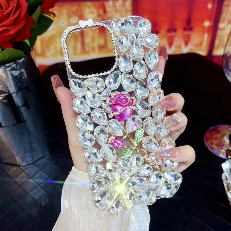 Чехол для iPhone 15 Pro Max со стеклянными стразами в форме розы, декоративный TPU-чехол для задней крышки телефона
