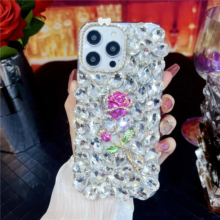 Чехол для iPhone 15 Pro Max со стеклянными стразами в форме розы, декоративный TPU-чехол для задней крышки телефона
