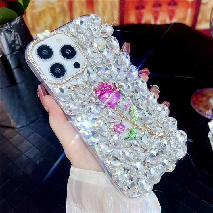 Étui pour iPhone 14 Pro Max Verre Strass Décor en Forme de Rose TPU Coque Arrière de Téléphone
