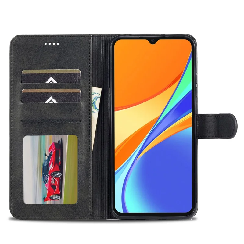 LC.IMEEKE For Xiaomi Redmi 9C / 9C NFC Strong Magnetic Clasp Wallet Phone Cover Calf Texture PU Leather Phone Stand Case - Black