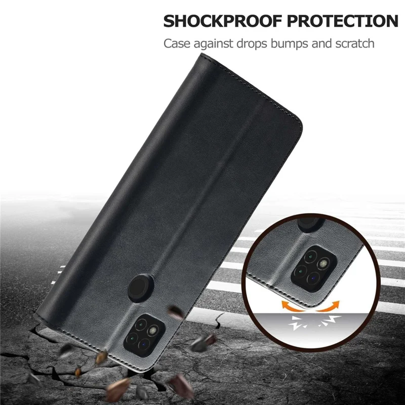 LC.IMEEKE For Xiaomi Redmi 9C / 9C NFC Strong Magnetic Clasp Wallet Phone Cover Calf Texture PU Leather Phone Stand Case - Black