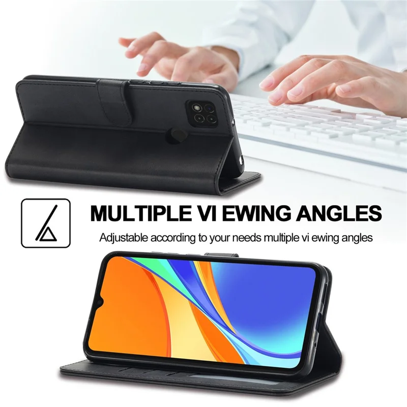 LC.IMEEKE For Xiaomi Redmi 9C / 9C NFC Strong Magnetic Clasp Wallet Phone Cover Calf Texture PU Leather Phone Stand Case - Black