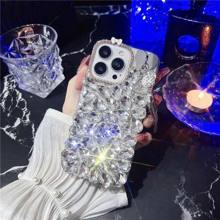 Capa para iPhone 16 Pro com Decoração de Vidro com Borlas e Strass em TPU - Branco