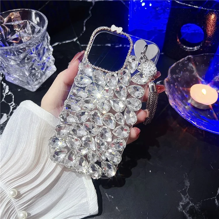 Capa para iPhone 16 Pro com Decoração de Vidro com Borlas e Strass em TPU - Branco