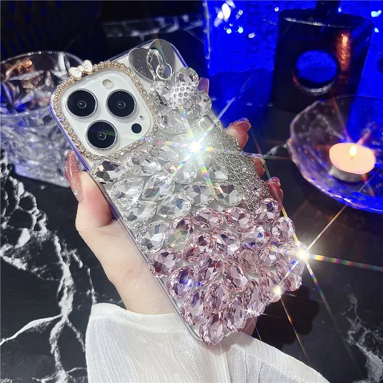 Étui pour iPhone 16 Pro Max avec Pompon, Verre et Strass, Décoration TPU Protection Arrière - Rose